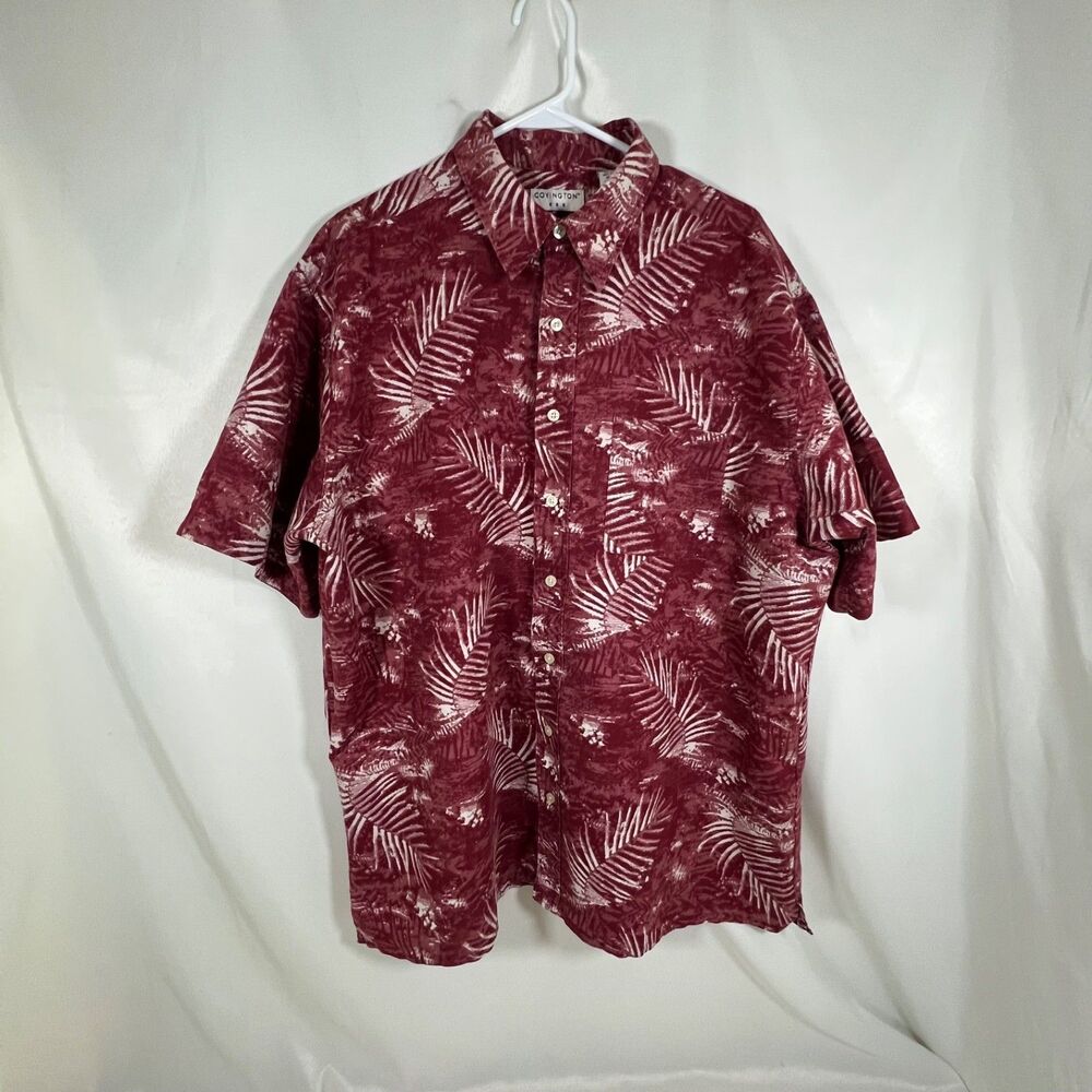 Covington Men's Large Linen Cotton Blend Hawaiian Camp Shirt Maroon Palm Leaf